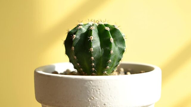A vibrant green globular cactus plant in a clean white pot, bathed in warm natural light, creating soft shadows on a bright yellow background, embodying simple elegance and natural resilience indoors