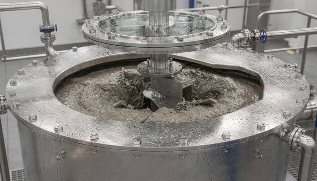 Medium shot of a covered wet grinding slurry tank with visible mechanical agitator emphasizing containment and controlled mixing environment.