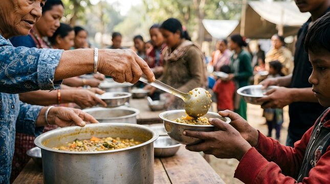 Volunteers serving food to people in need during crisis.