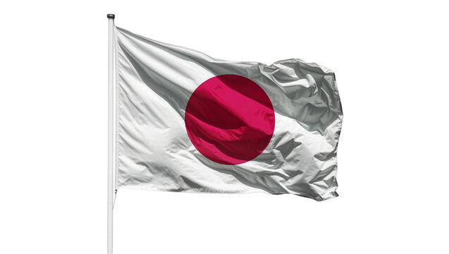 Isolated vibrant national flag of Japan with iconic red sun disk proudly waving in the breeze.