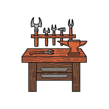 Outlined Vector Icon of a Smithy's Workbench with Tools, Organized Craft Station. transparent.