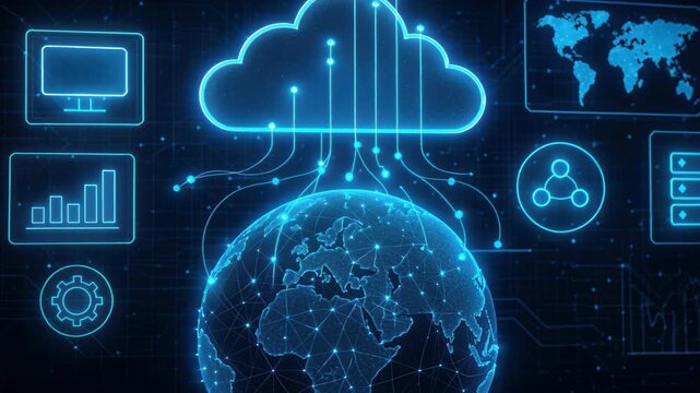 Cloud Computing: A glowing cloud hovers above a digital representation of the Earth, symbolizing the power of cloud computing and interconnected data flow around the globe.