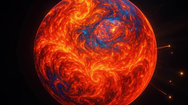 Fiery Celestial: An abstract depiction of a celestial body ablaze with fiery intensity, showcasing swirling patterns and cosmic dynamism.