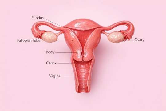 3D anatomical illustration of female reproductive system with text labels, showing uterus, ovaries, fallopian tubes, cervix and vagina on pink background

