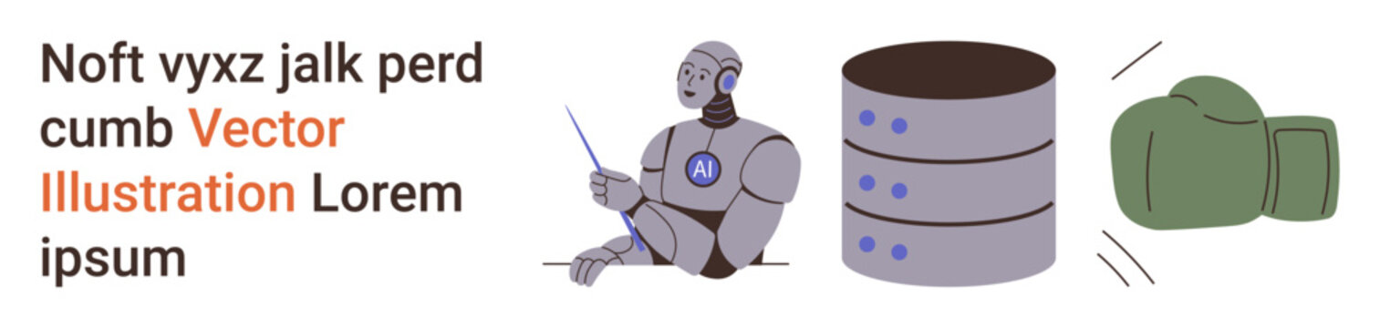 Artificial intelligence, data management, technology, protection, machine learning, computational power. A robot with AI text, a database icon and a boxing glove. Artificial intelligence and data