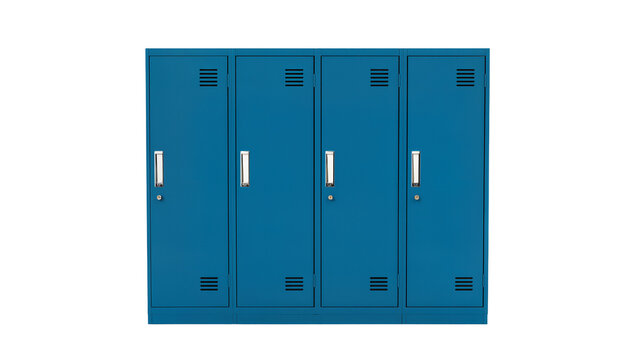 Isolated row of four blue school gym office lockers with silver handles and vents
