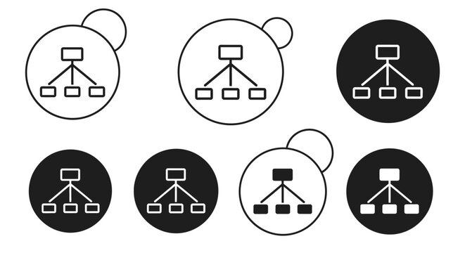 A series of black and white circular icons depicting hierarchical tree like diagrams