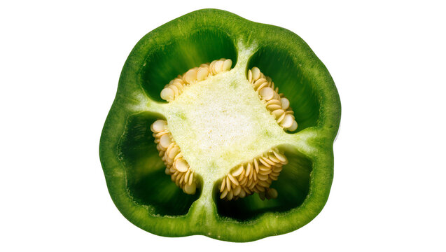 Isolated fresh green bell pepper cross-section with seeds, healthy organic vegetable food