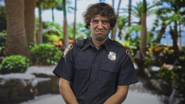 Man police officer in uniform grimacing, hands clasped, shoulder radio and badge visible in studio; duty fatigue.