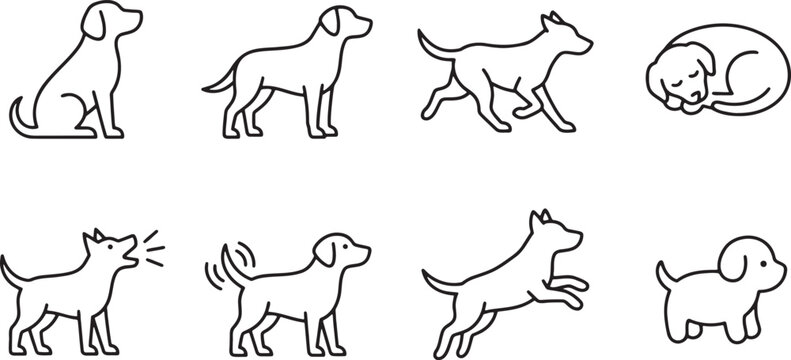 Collection of dog poses showing different behaviors and movements