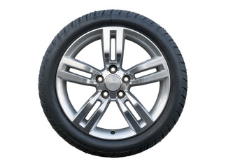 Fototapeta premium Isolated shiny modern car wheel with five-spoke alloy rim and black tire, automotive transport part