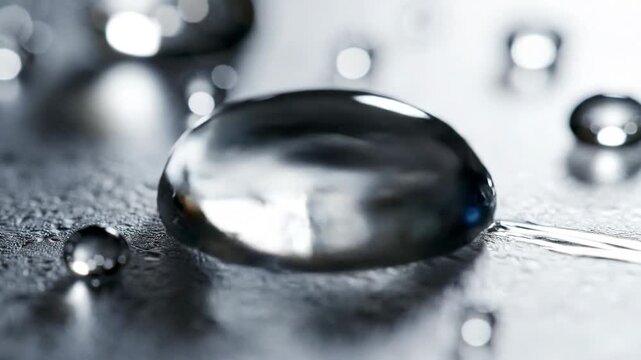 Macro shot of a single liquid droplet with surface tension on a clean dark surface.