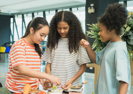 Diverse group young student enjoy healthy cooking class together preparing fresh vegetable learning culinary skill bright modern educational workshop focus nutrition teamwork childhood development.