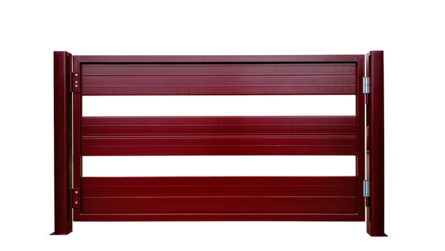 Isolated modern burgundy metal security gate with horizontal panels, posts, and durable hinges.