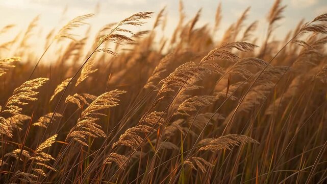 Golden reeds swaying in sunlight