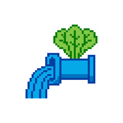 Fototapeta premium A green icon leaf emerges from a blue pipe with flowing water.