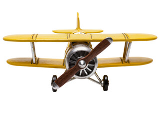 Isolated decorative vintage style yellow toy biplane model with propeller and wheels © Aoife