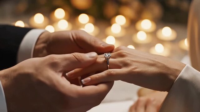 Romantic close-up capturing the moment a ring slides onto a finger, enhanced by warm candlelight and soft shadows for a refined emotional feel
