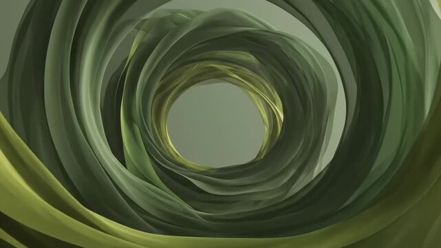 Spiraling layered tunnel of supple leaflike bands, fluid organic silhouettes in an olive green color gradient creating hypnotic depth, smooth rotational rhythm, and sculptural abstract continuity