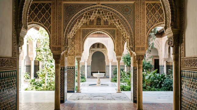 Intricate Arches and Courtyard of the Alc?zar of Seville, Spain.