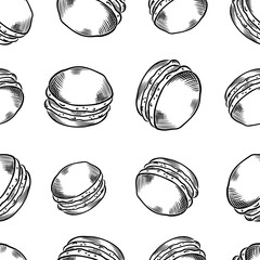 Fototapeta premium Vector sweets background. Seamless hand-drawn pattern with black and white French sweets and macarons for fabric, decor, and elements