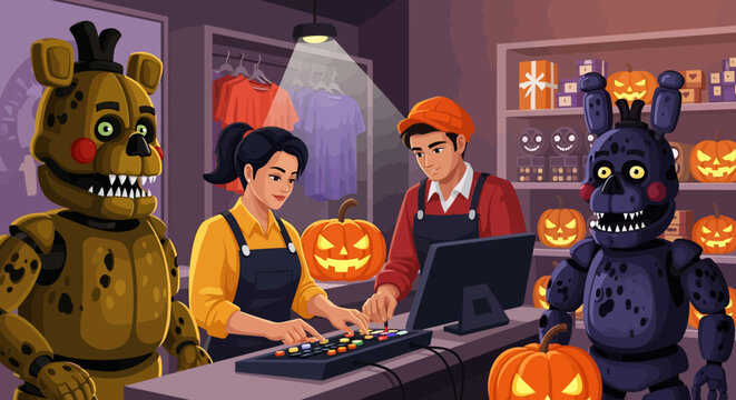 FNAF characters at desk.