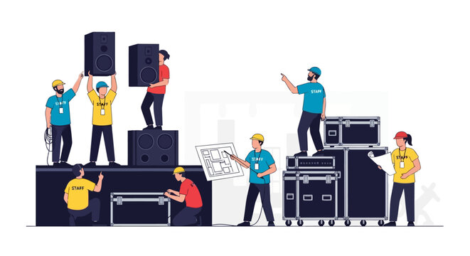 Stage construction and equipment setup for live events and concerts by a crew of technicians