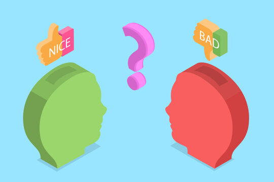 3D Isometric Flat Vector Illustration of Cognitive Perception, Two Viewpoints On A Single Issue, Metaphor From Psychology.