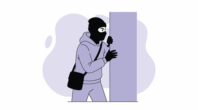 Mysterious Thief in Balaclava Peeking Around a Wall Corner Vector Illustration for Cyber Security and Crime Concepts