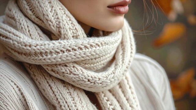 Close-up of a person wearing a chunky, cream-colored knitted scarf, with blurred background