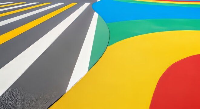 A visual transition between a smooth gray asphalt road with painted stripes and a bright colorful playground with soft rubber safety tiles, safety, architecture, green