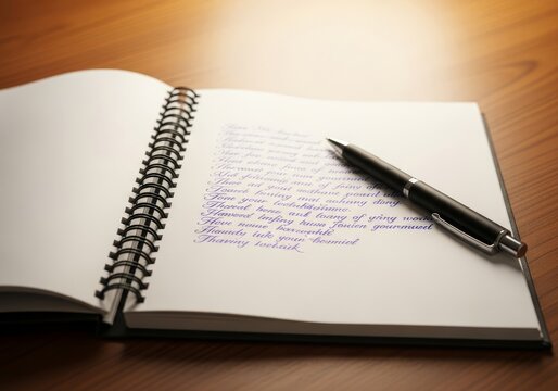 An open spiral notebook rests on a clean wooden table alongside a pen, showing cursive handwriting on white paper under soft warm lighting, minimalist, desk, still life