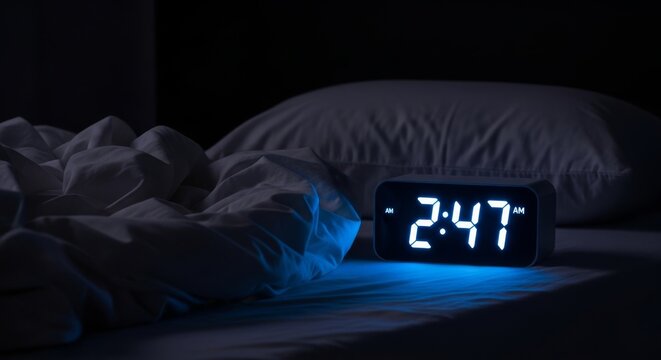 A glowing digital clock displays late hours in a dark room, casting blue light over tangled white bedsheets and an empty pillow at night, bedroom, light, wrinkled