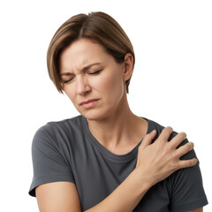 Fototapeta premium Middle-aged caucasian woman with short brown hair wearing a grey t-shirt, grimacing in pain while clutching her shoulder in a studio setting, medical discomfort