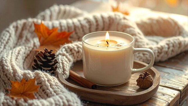 A lit candle in a mug sits on a wooden tray with a cozy blanket, leaves, and pine cones