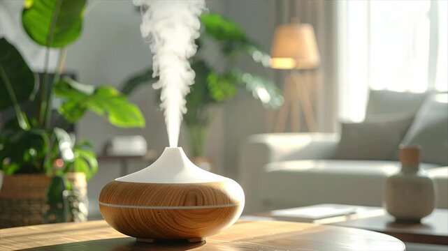 A wooden essential oil diffuser emits vapor, near plants, couch, and light in a living room