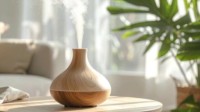 A wooden aromatherapy diffuser emits a plume of vapor on a sunlit table near green plants