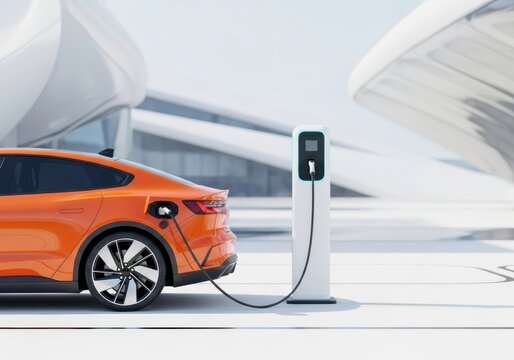 A modern electric car is connected to a sleek charging station in a bright, futuristic urban environment during a clear day with soft light, efficiency, motor, automotive