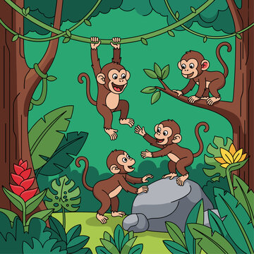 Four Monkeys Playing on Rope Swing.