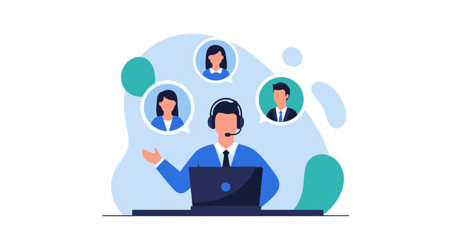 Customer support agent with headset talking to clients via online chat
