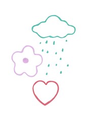 Fototapeta premium Colorful marker doodle illustration on white background featuring cloud with rain, flower, and heart, playful hand drawn shapes with bold contrast for modern design use