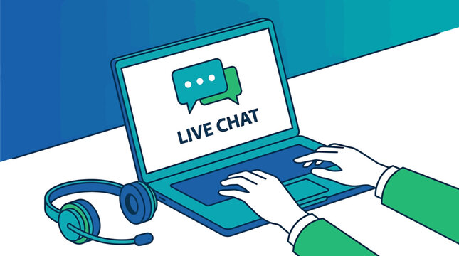 Live chat on laptop with headset, illustration of customer support and online communication