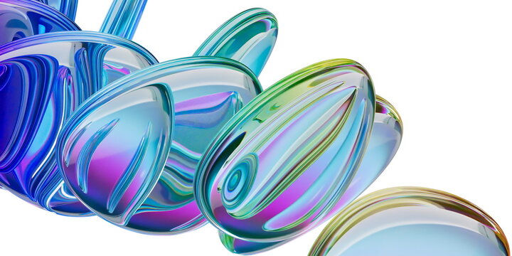3D Render of Abstract Iridescent Liquid Pods with Blue and Purple Refractions