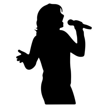 Silhouette of a person singing into a microphone with arms outstretched.