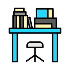 Fototapeta premium Colorful icon illustration of a study desk with books and a chair, ideal for representing learning, education, and productive work environments in a modern style