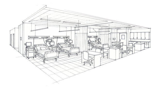 Detailed architectural sketch of a modern hospital ward with multiple beds and medical equipment.