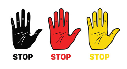 Fototapeta premium Three hands in different colors black red and yellow are shown with the word stop underneath each