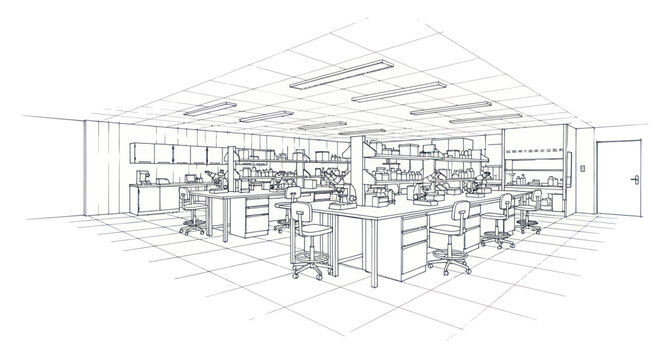 Detailed Line Drawing of a Modern Science Laboratory Interior.