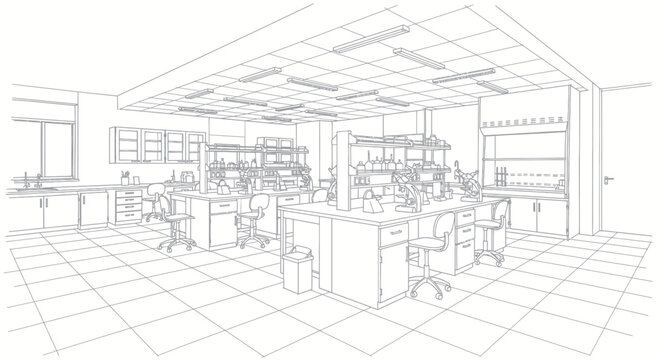 Detailed Line Drawing of a Modern Science Laboratory Interior.