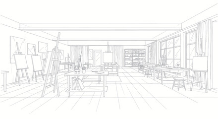 Detailed sketch of an art studio interior with easels and natural light. © Dika